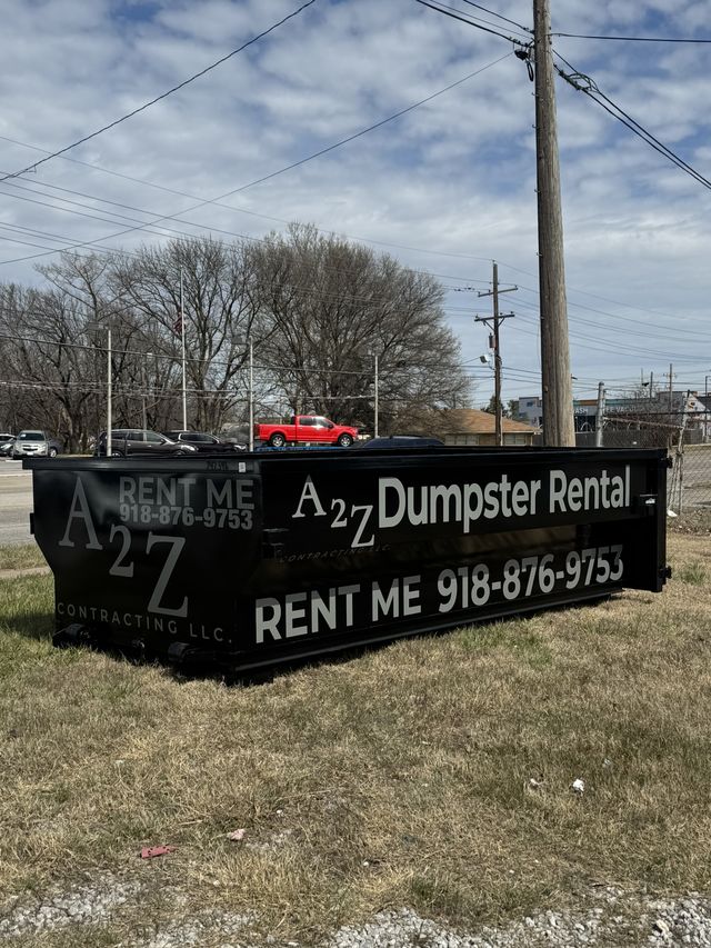 A2Z roll-off dumpster rental unit parked at a Tulsa job site